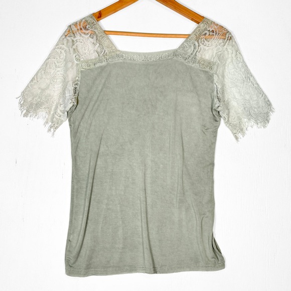 POL Lace Trim Short Sleeve Lightweight Top Womens S Rayon Blend Sheer Boho - Picture 3 of 8